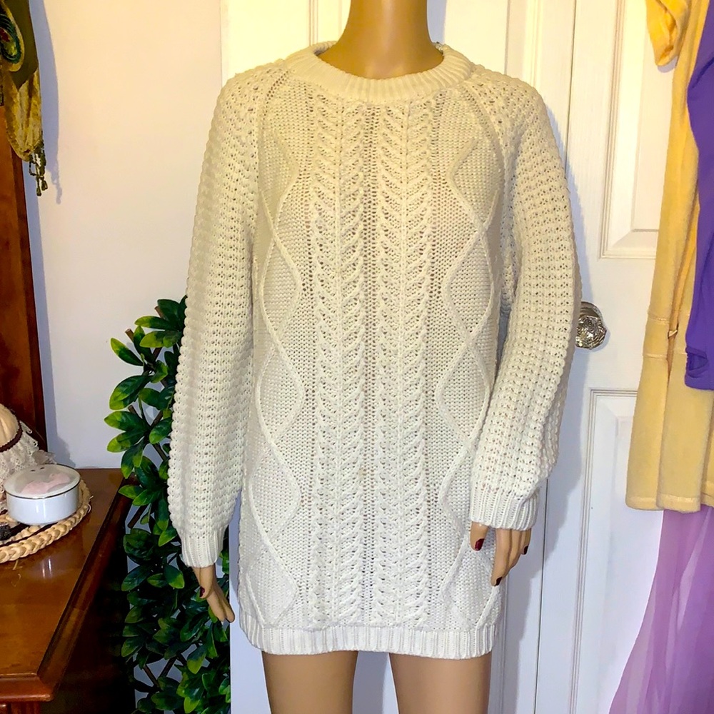 Vintage crew neck ivory cream cable knit tunic sweater pullover M L